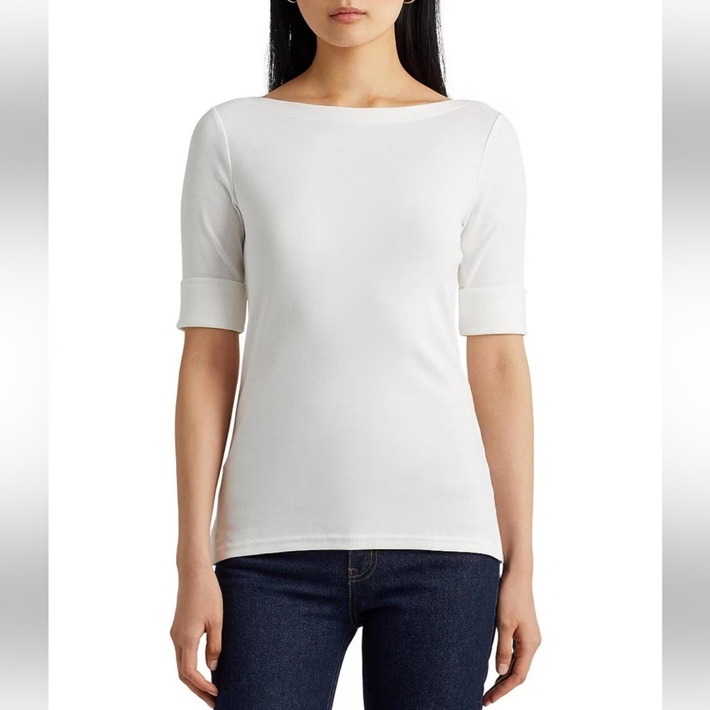 Lauren Ralph Lauren Black Label Stretch Cotton Boat Neck Short Rolled Sleeve L